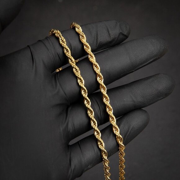 Solid Yellow Gold Plated 316 Stainless Steel 4MM Twist Rope Chain Necklace - Picture 2 of 6